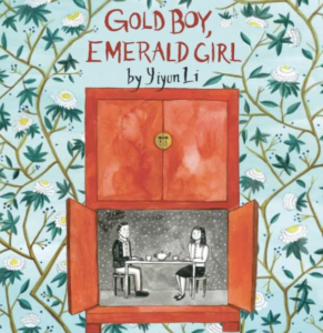 The cover for Yiyun Li's book, Gold Boy, Emerald Girl. Two people sit at a table in the bottom half of a red cabinet. They have a teapot between them on the table. It is snowing. The cabinet is surrounded by white flowers on vines.