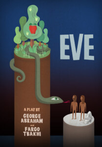 A poster with art depicting a snake approaching very small naked figures.