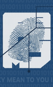 A blue poster with a white square on it. There is a large blue fingerprint in the center of the square. The background is faint 1s and 0s.